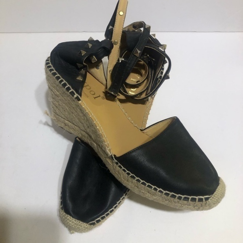 Black Espadrille Wedge Sandals with Ankle Wrap and Stud Detail